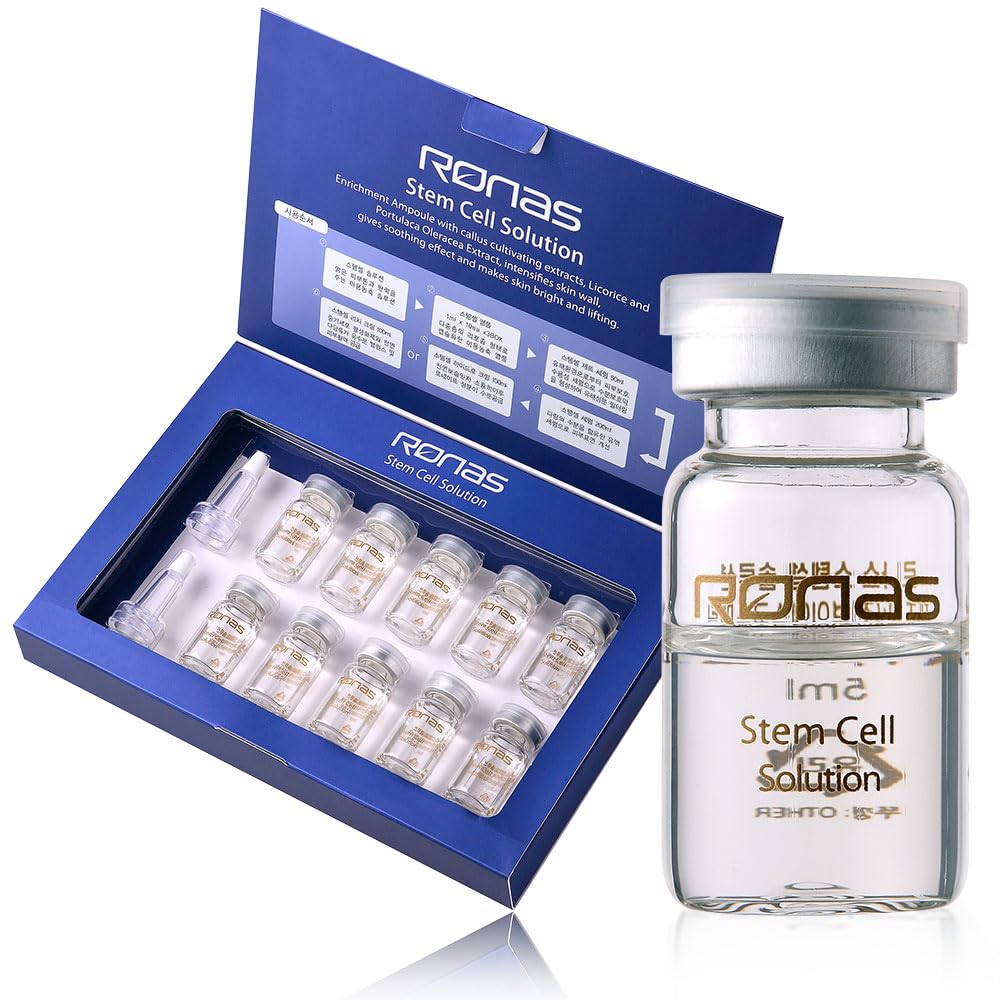 Ronas Stem Cell Solution bottle closeup shows premium formula for nourishing aging skin.