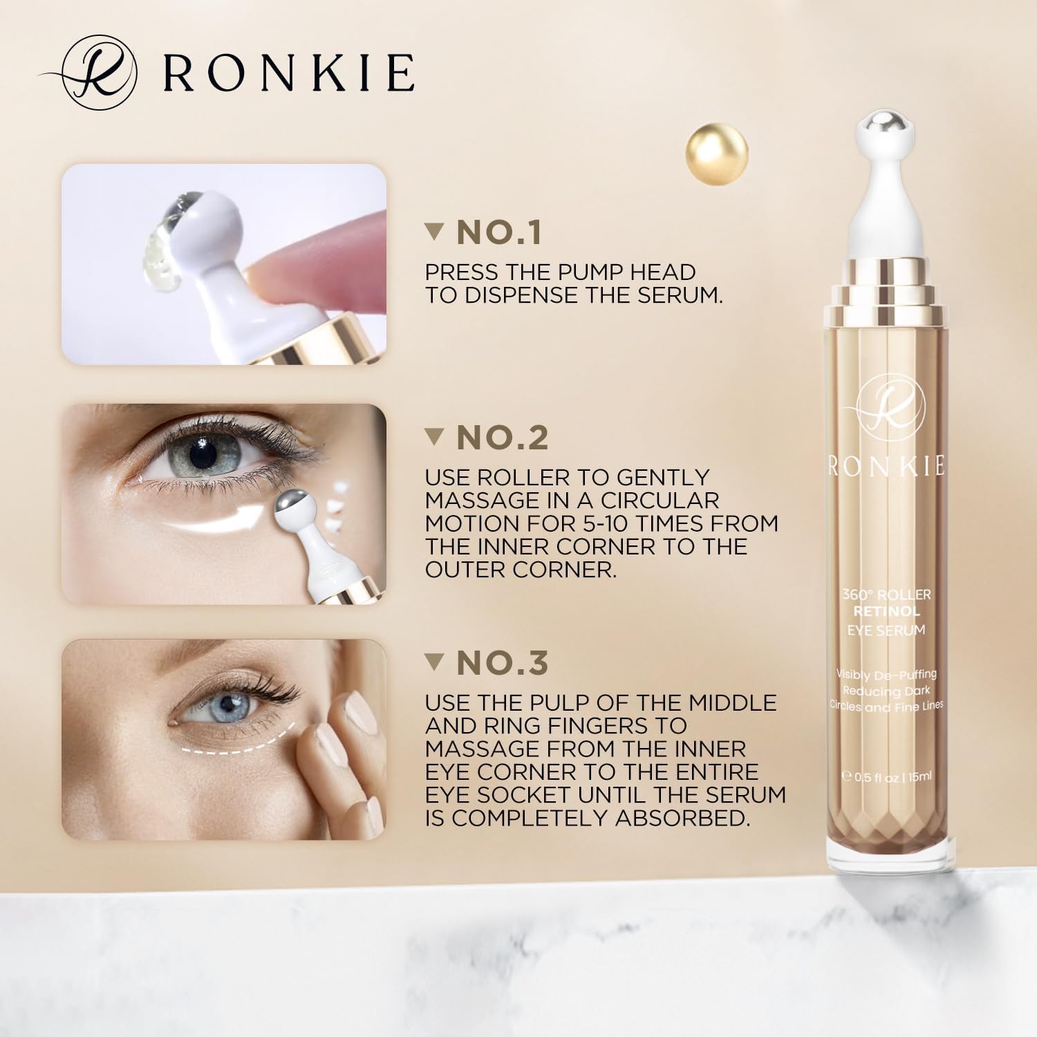 RONKIE eye cream applied to the under-eye area for a refreshed look.