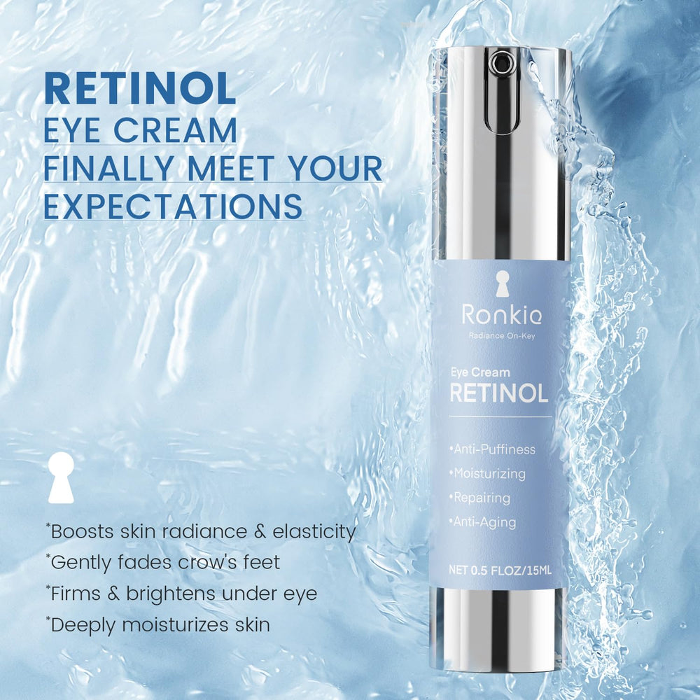 RONKIE Retinol Eye Cream being applied under the eye to reduce puffiness and soften lines.