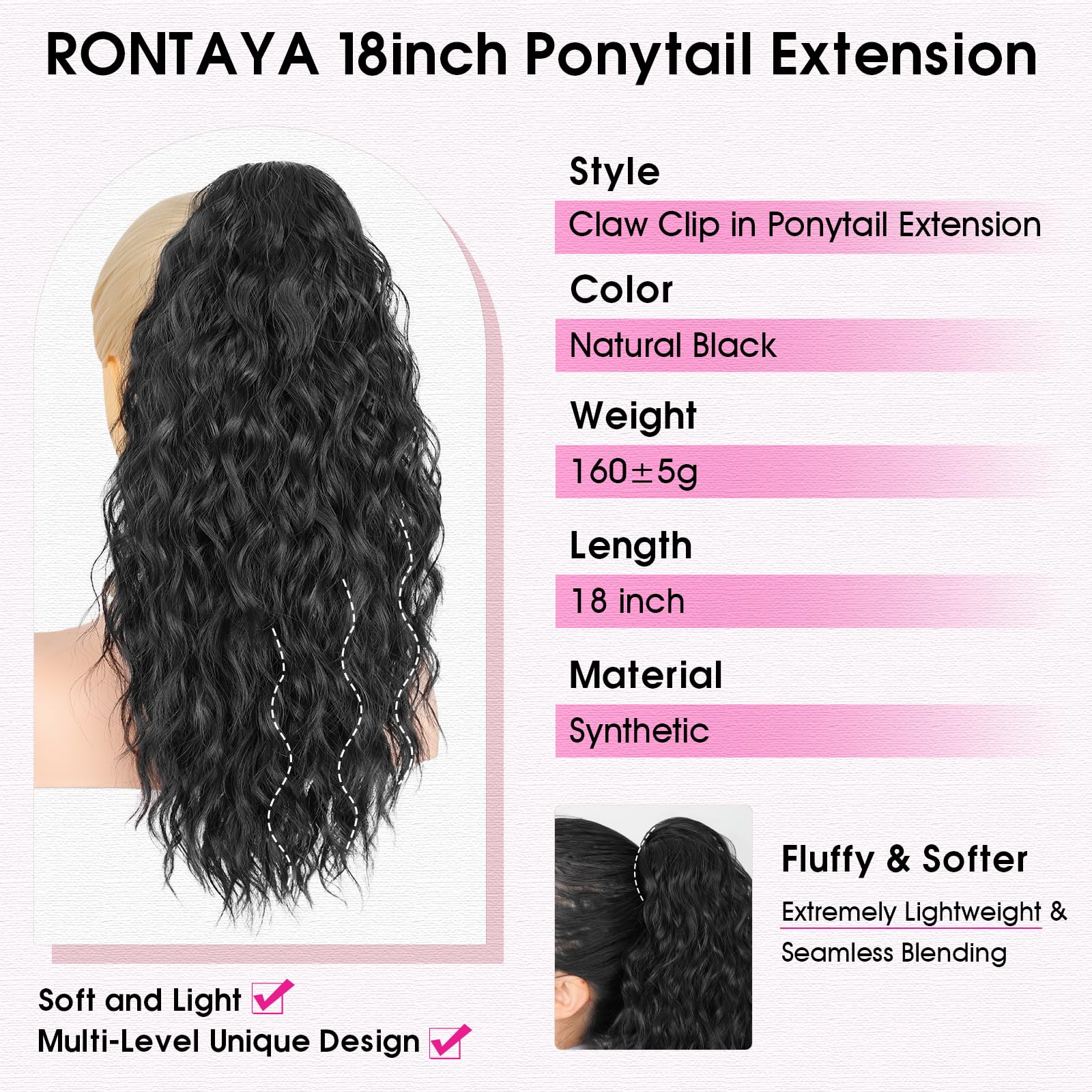 RONTAYA clip-on pony tail close-up shows secure one-step wear.
