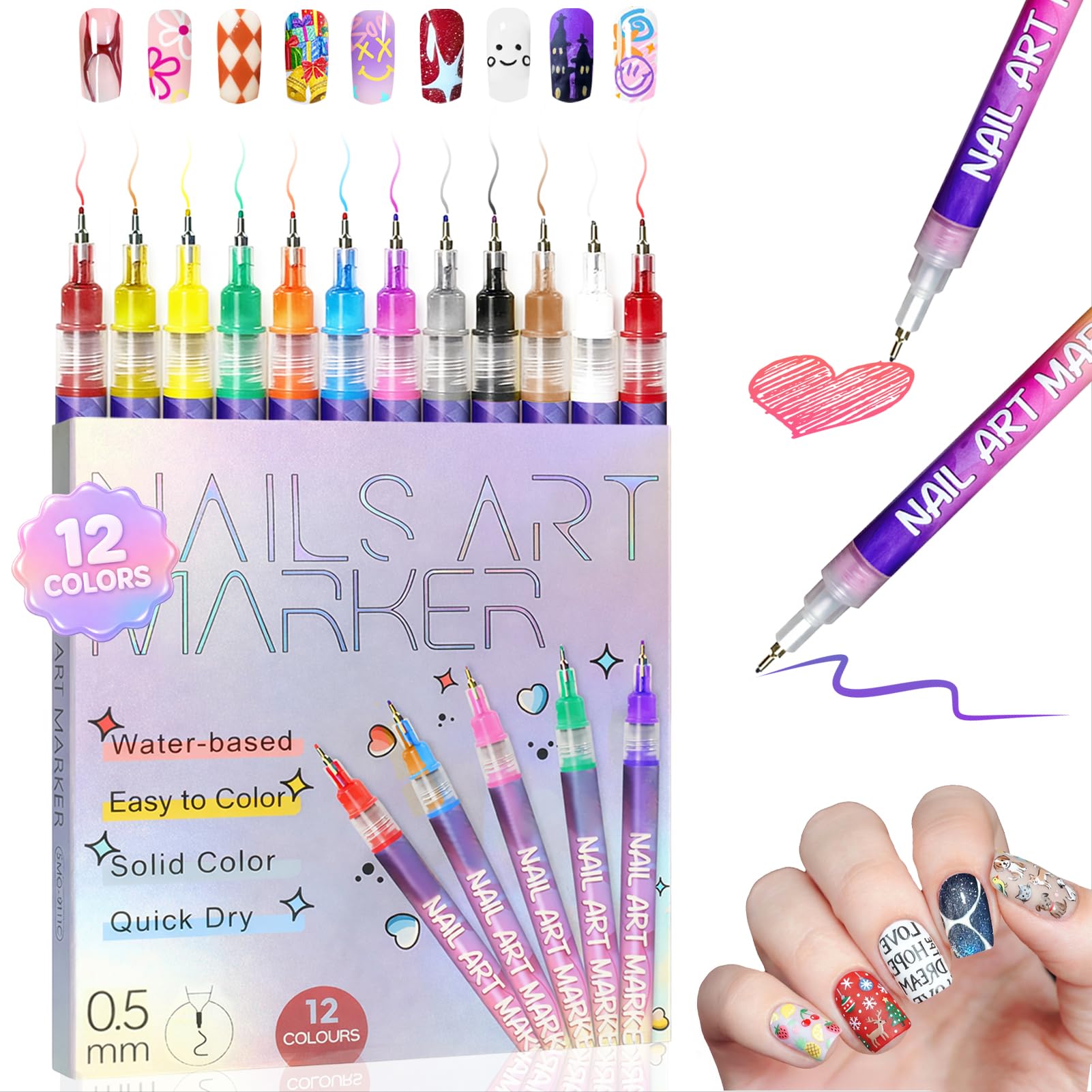 RONYUTON 12-color nail art pens set front view with vibrant colors for versatile designs
