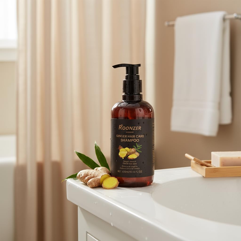 ROONZER Ginger Shampoo scalp-stimulation suggests invigorating action for a fuller look