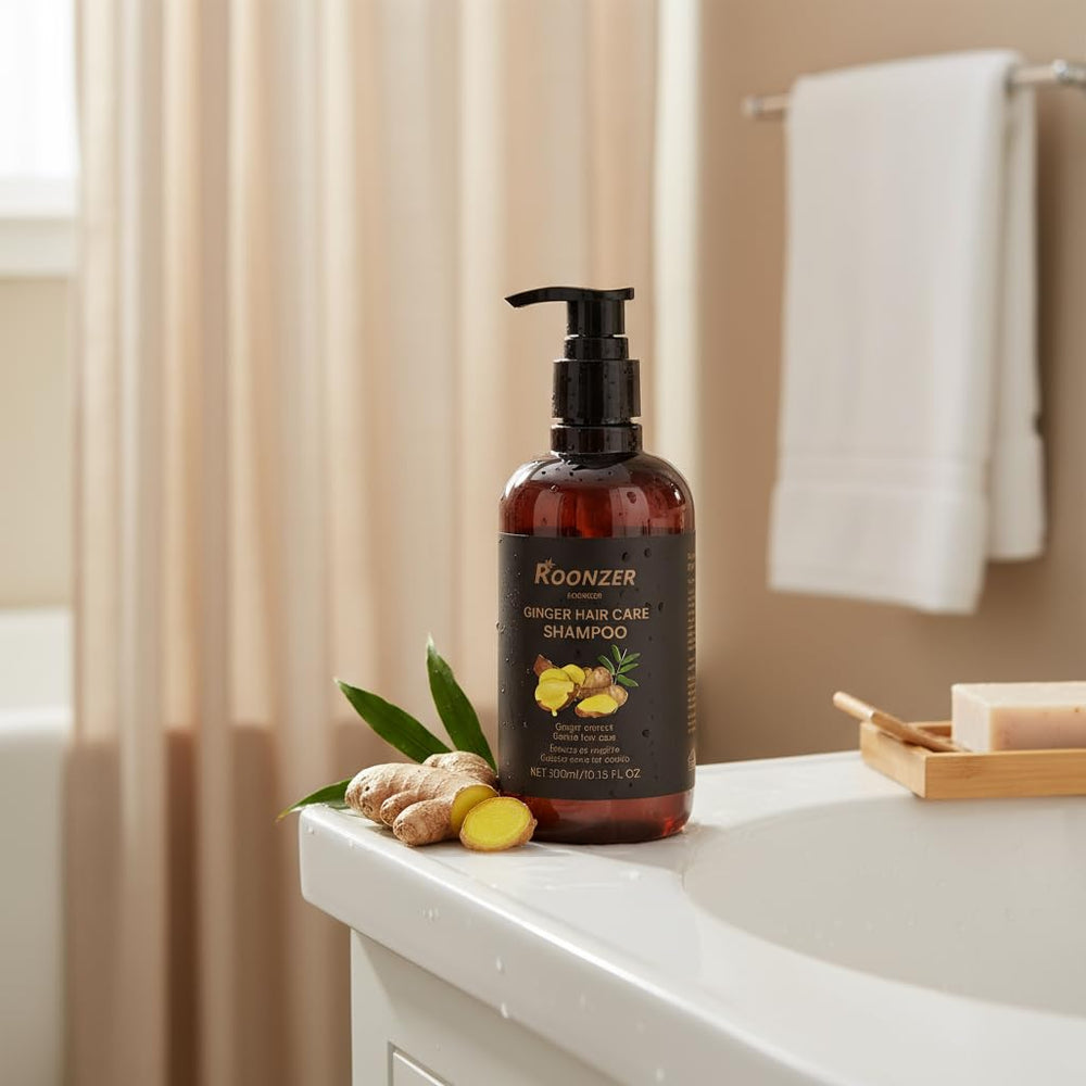 ROONZER Ginger Shampoo scalp-stimulation suggests invigorating action for a fuller look