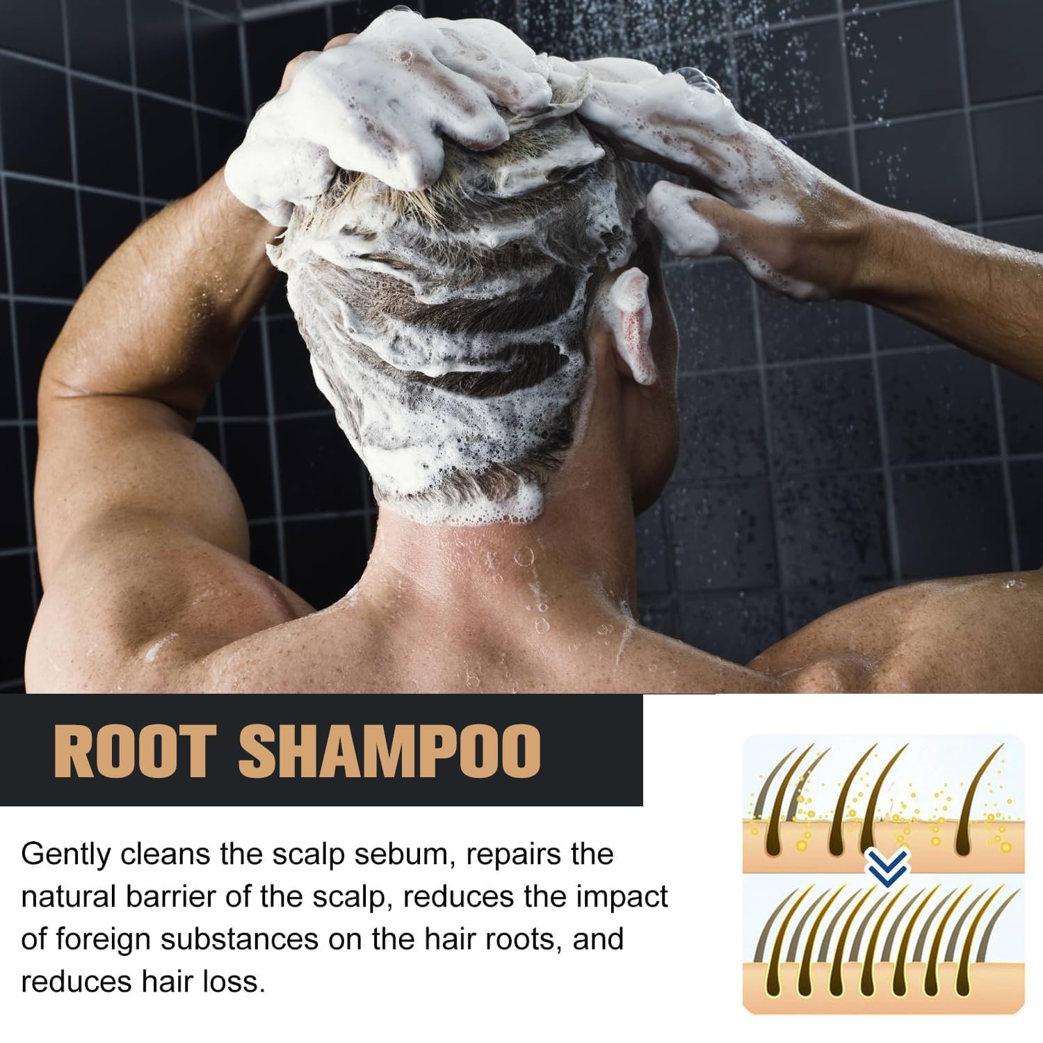 Root Activator Shampoo in-shower application showing scalp nourishment