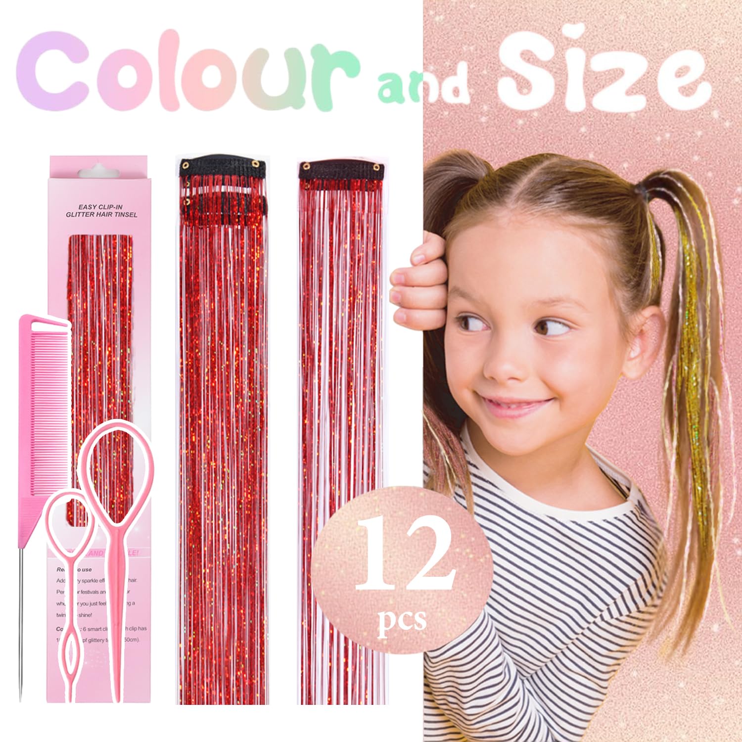 Rootoo 24-inch hair tinsel red glitter extensions deliver lasting shimmer.