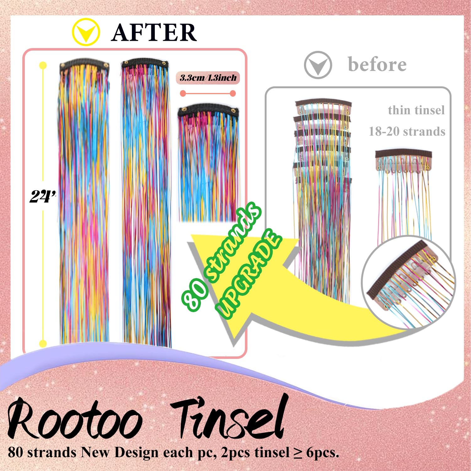 Rootoo 24-inch rainbow tinsel strands highlight length and shimmer for festive hairstyles