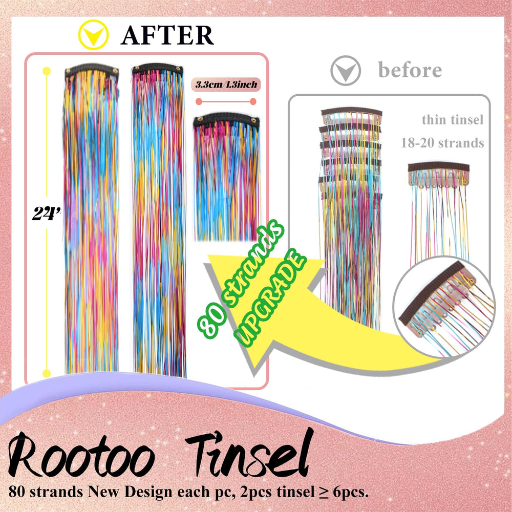 Rootoo 24-inch rainbow tinsel strands highlight length and shimmer for festive hairstyles