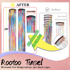 Rootoo 24-inch rainbow tinsel strands highlight length and shimmer for festive hairstyles