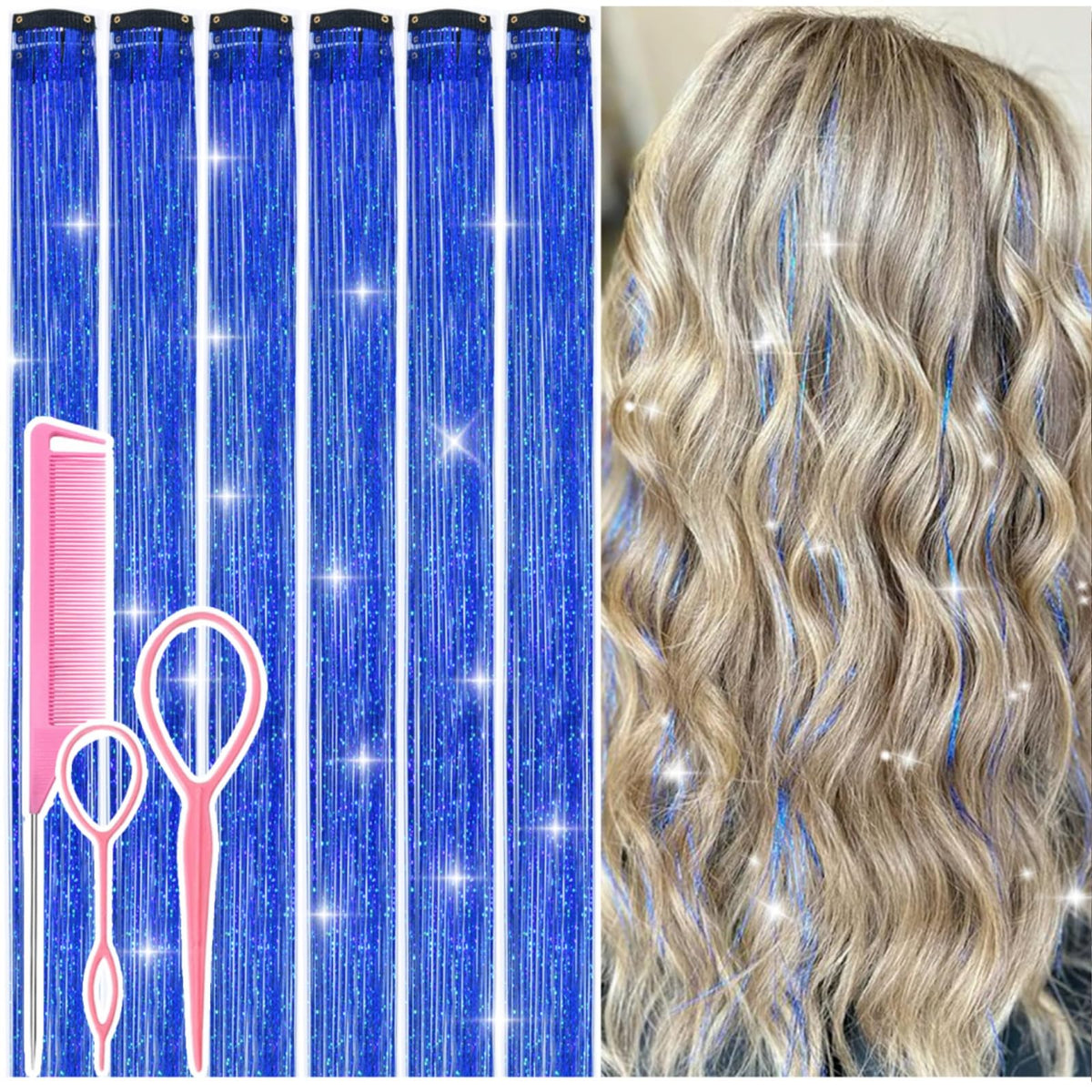 Rootoo blue fairy hair tinsel clip-in for 24-inch sparkle ideal for parties