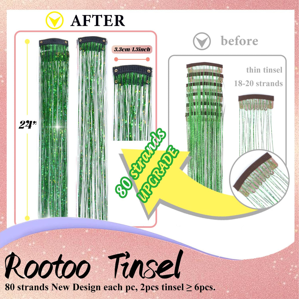 Rootoo clip-in hair tinsel kit 12 pieces provides easy, party-ready shine with a simple attachment.