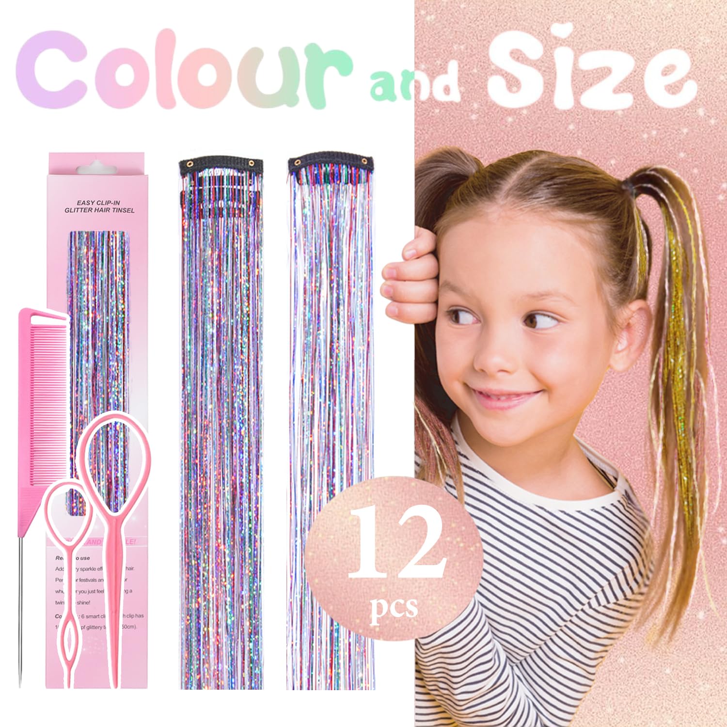 Rootoo Dreamy Colorful tinsel kit showcasing 24-inch shimmering strands for DIY styling.