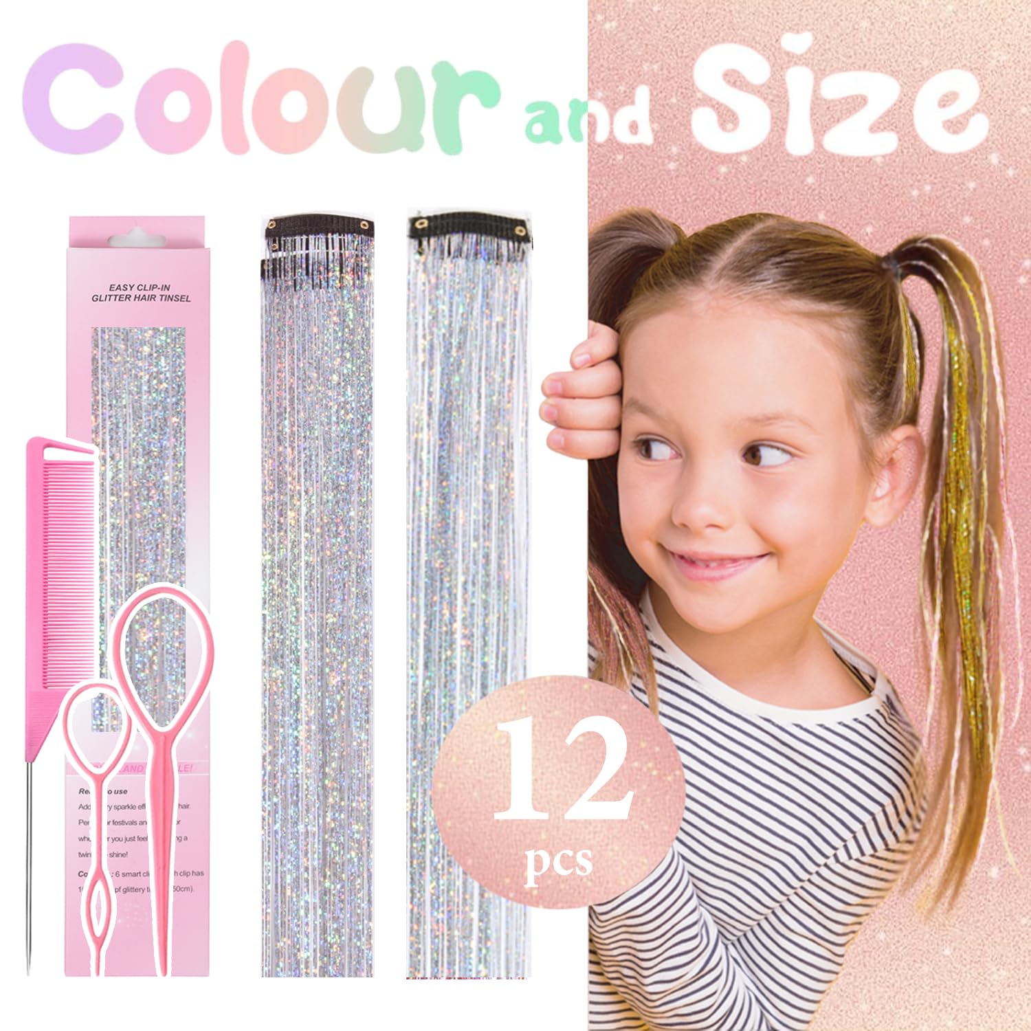 Rootoo clip-in tinsel strands showing smooth texture and easy attachment