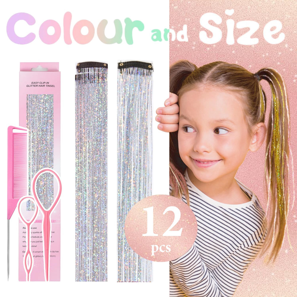 Rootoo clip-in tinsel strands showing smooth texture and easy attachment