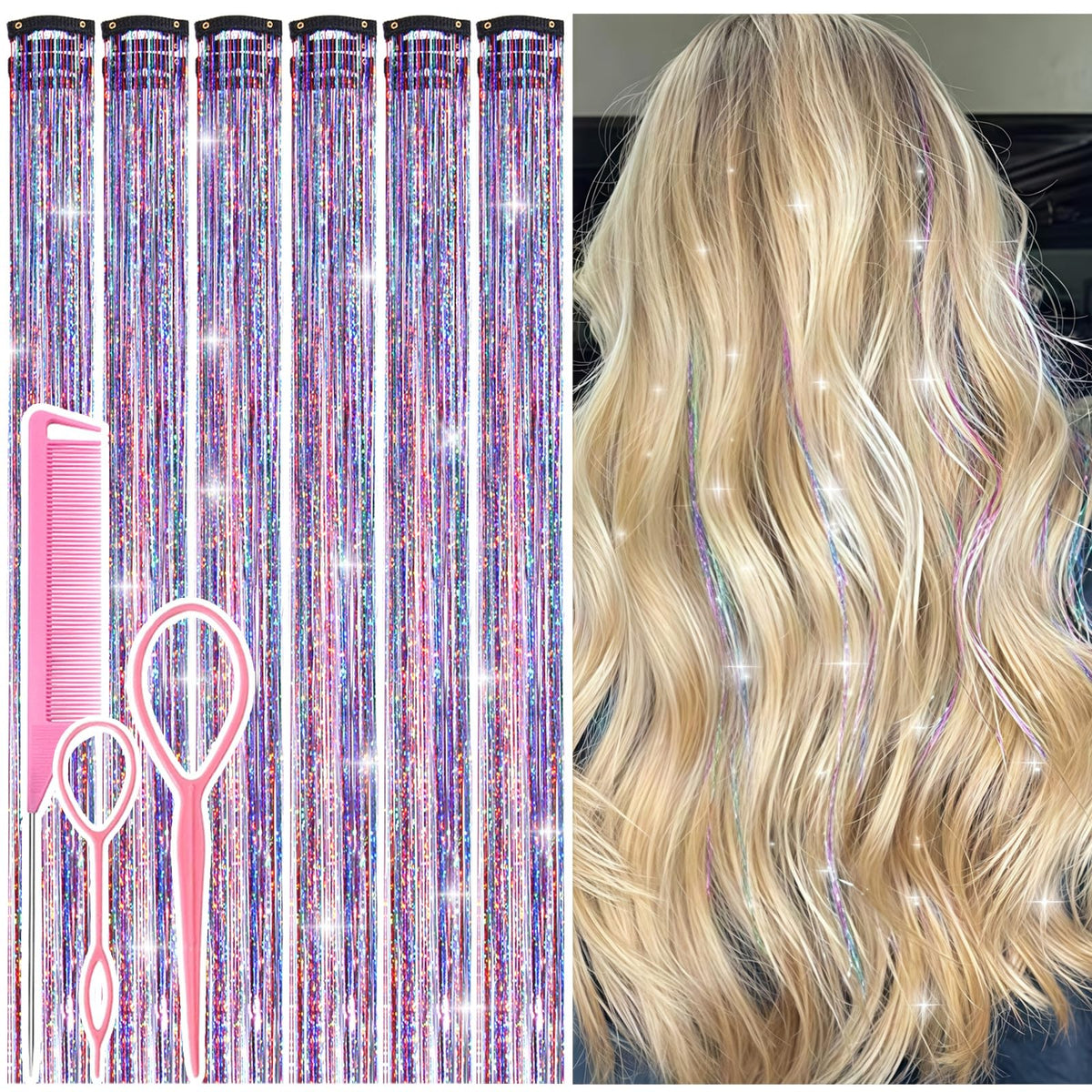 Rootoo Dreamy Colorful hair tinsel clip-in with pink and silver strands for party sparkle.