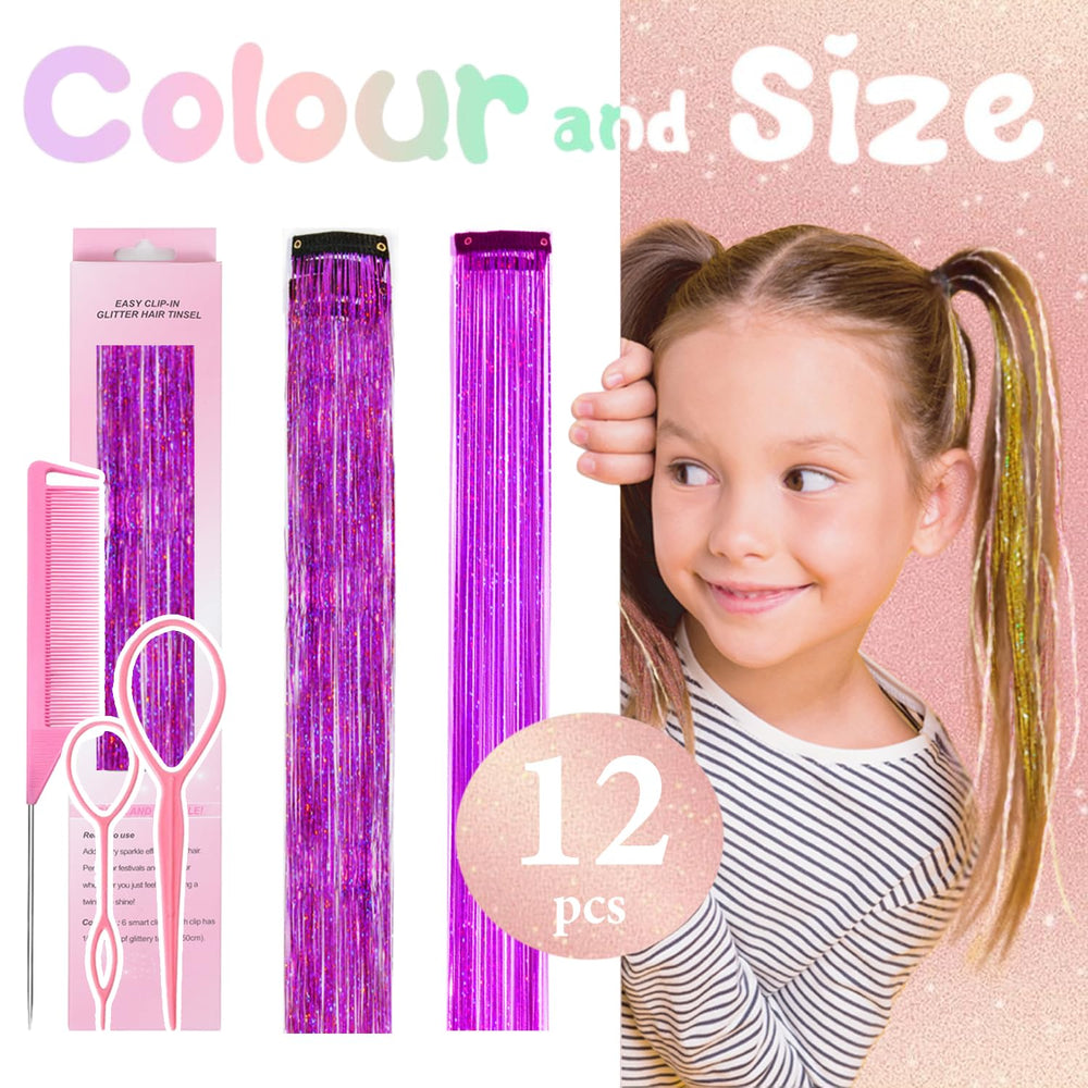 Rootoo glitter clip-in hair tinsel, purple shine, easy temporary style.