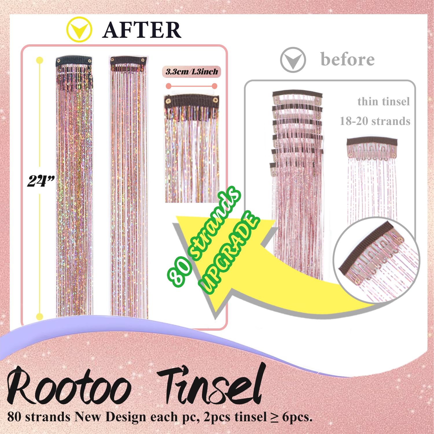Rootoo hair tinsel 12pcs pack 24in for versatile colors.