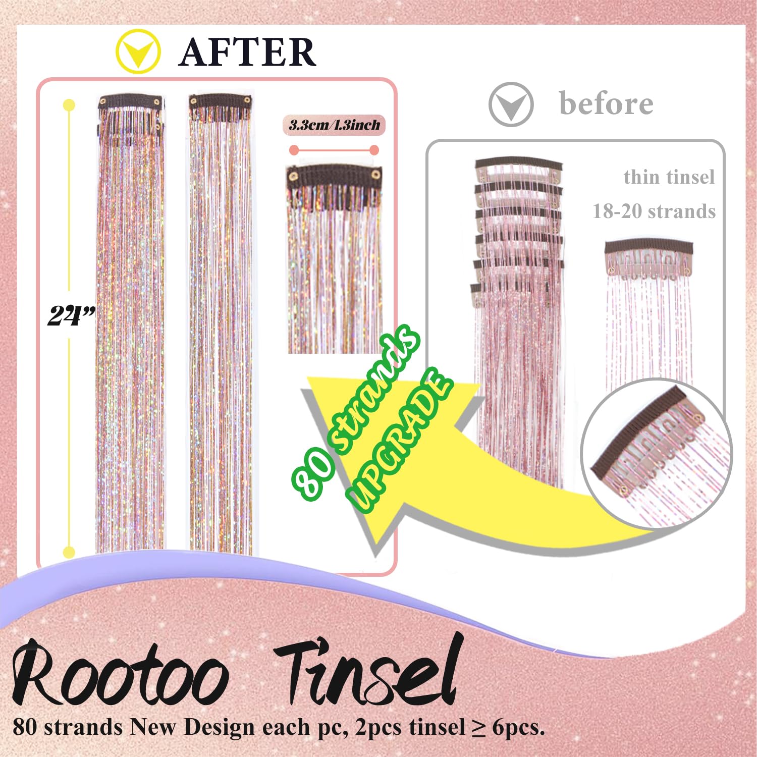 Rootoo hair tinsel clip-in closeup reveals holographic glitter for dazzling looks.