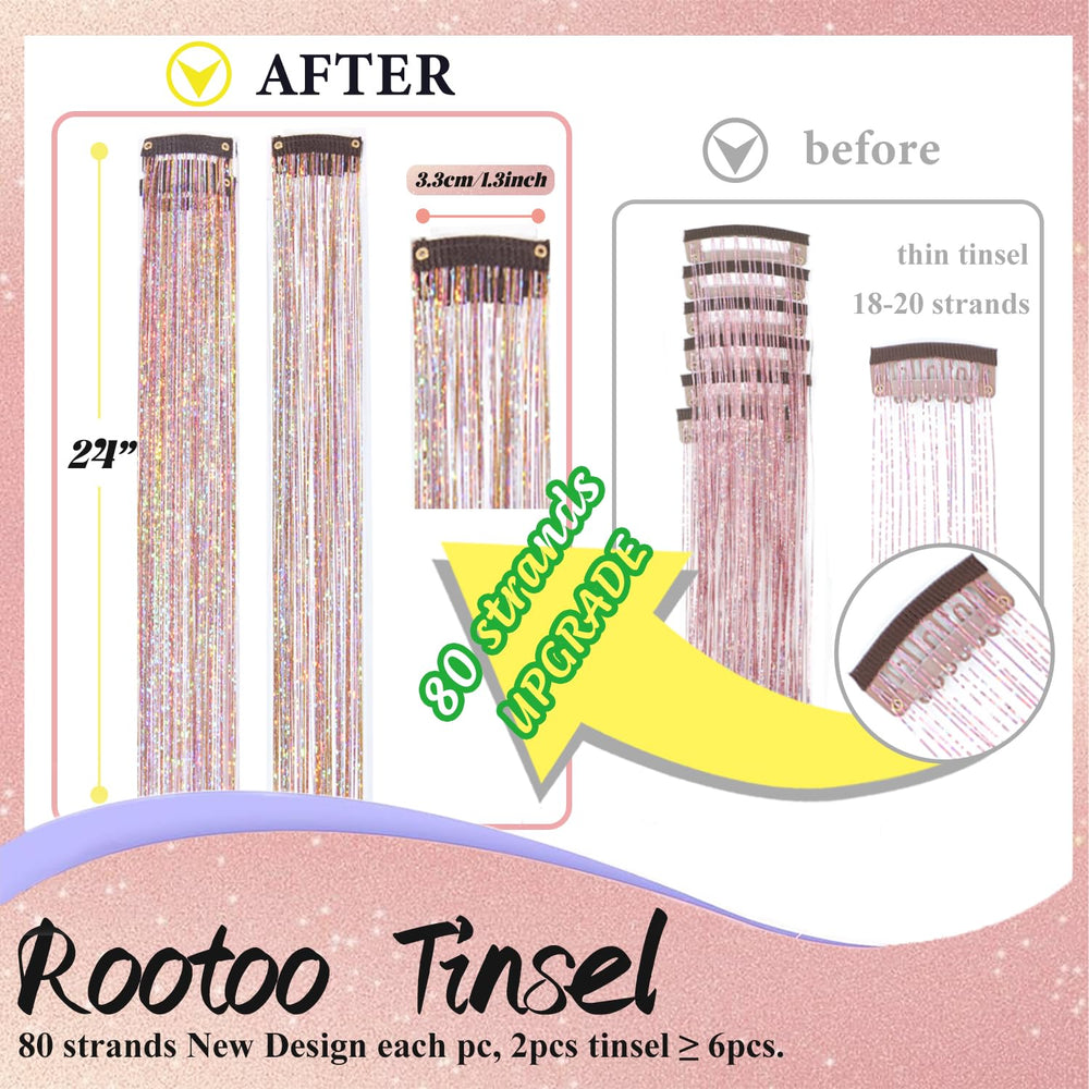 Rootoo hair tinsel clip-in closeup reveals holographic glitter for dazzling looks.