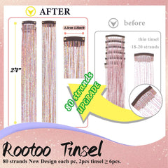 Rootoo hair tinsel clip-in closeup reveals holographic glitter for dazzling looks.