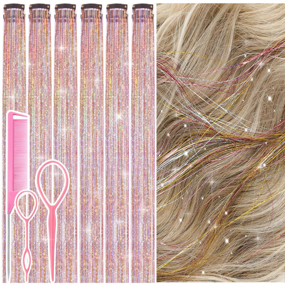 Rootoo hair tinsel clip-in set in gold-silver-pink adds instant sparkle for parties.