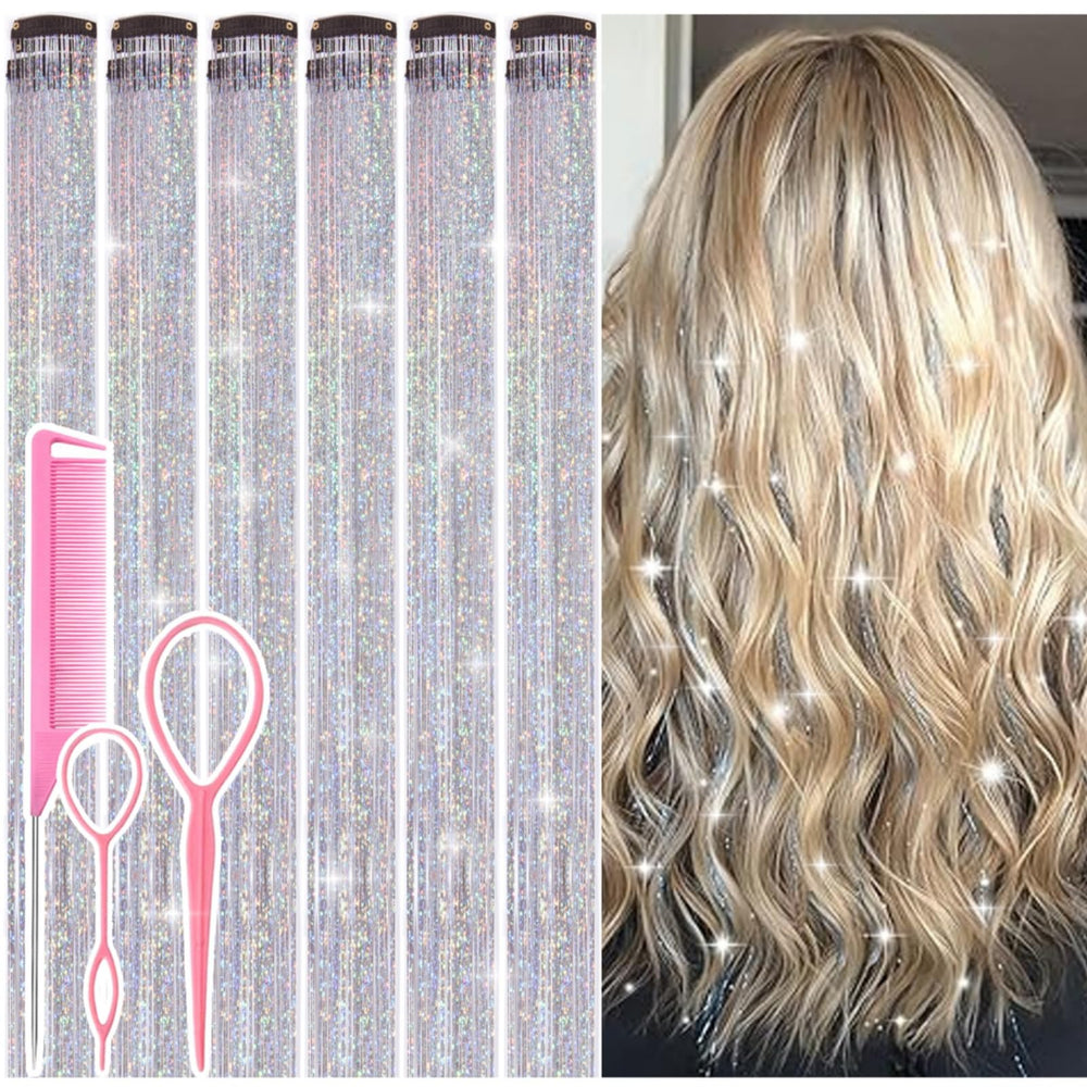 Rootoo hair tinsel clip-in silver 24-inch highlights for festival sparkle