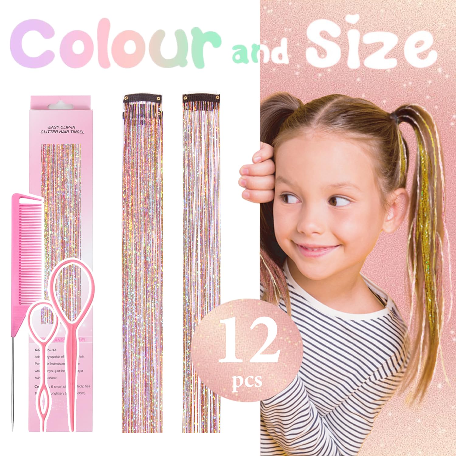 Rootoo hair tinsel clip-in packaging shows 12 pieces of 24-inch length.