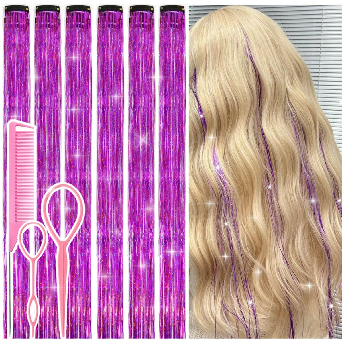 Rootoo purple hair tinsel clip-in, 24-inch extension for festival sparkle.