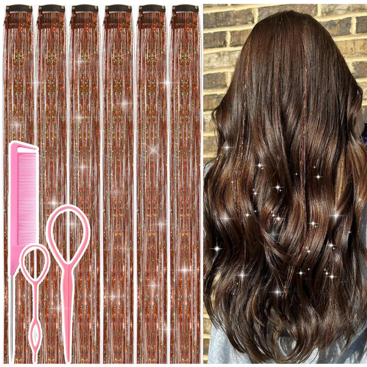 Rootoo Hair Tinsel Coffee Brown clip-in 24in adds subtle party sparkle