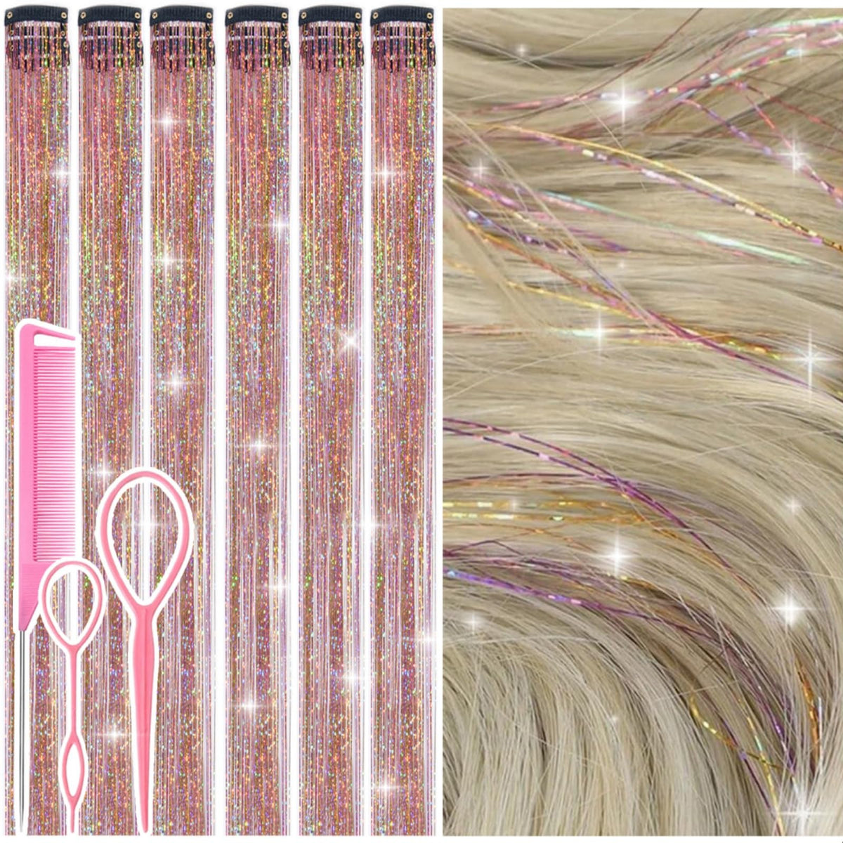Rootoo hair tinsel gold-pink clip-in for festive looks.