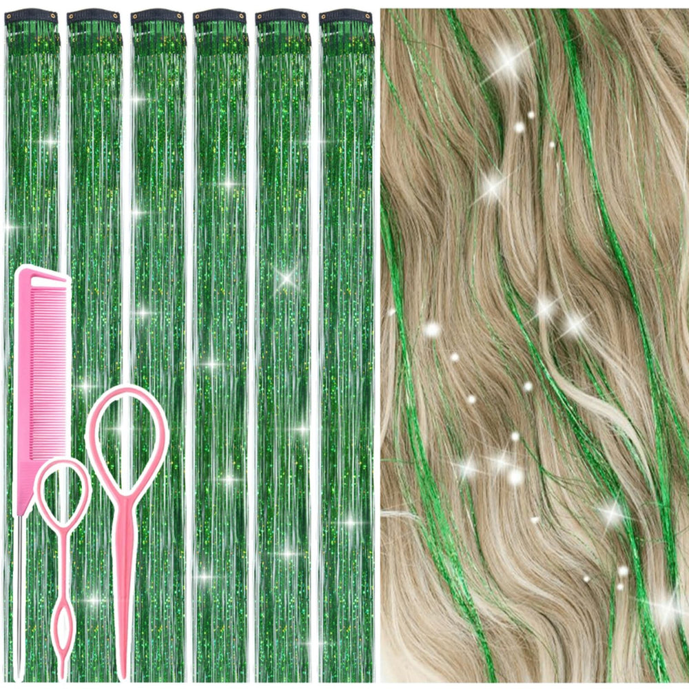 Rootoo green fairy hair tinsel clip-in 24 inch adds subtle holographic sparkle to daily hairstyles.