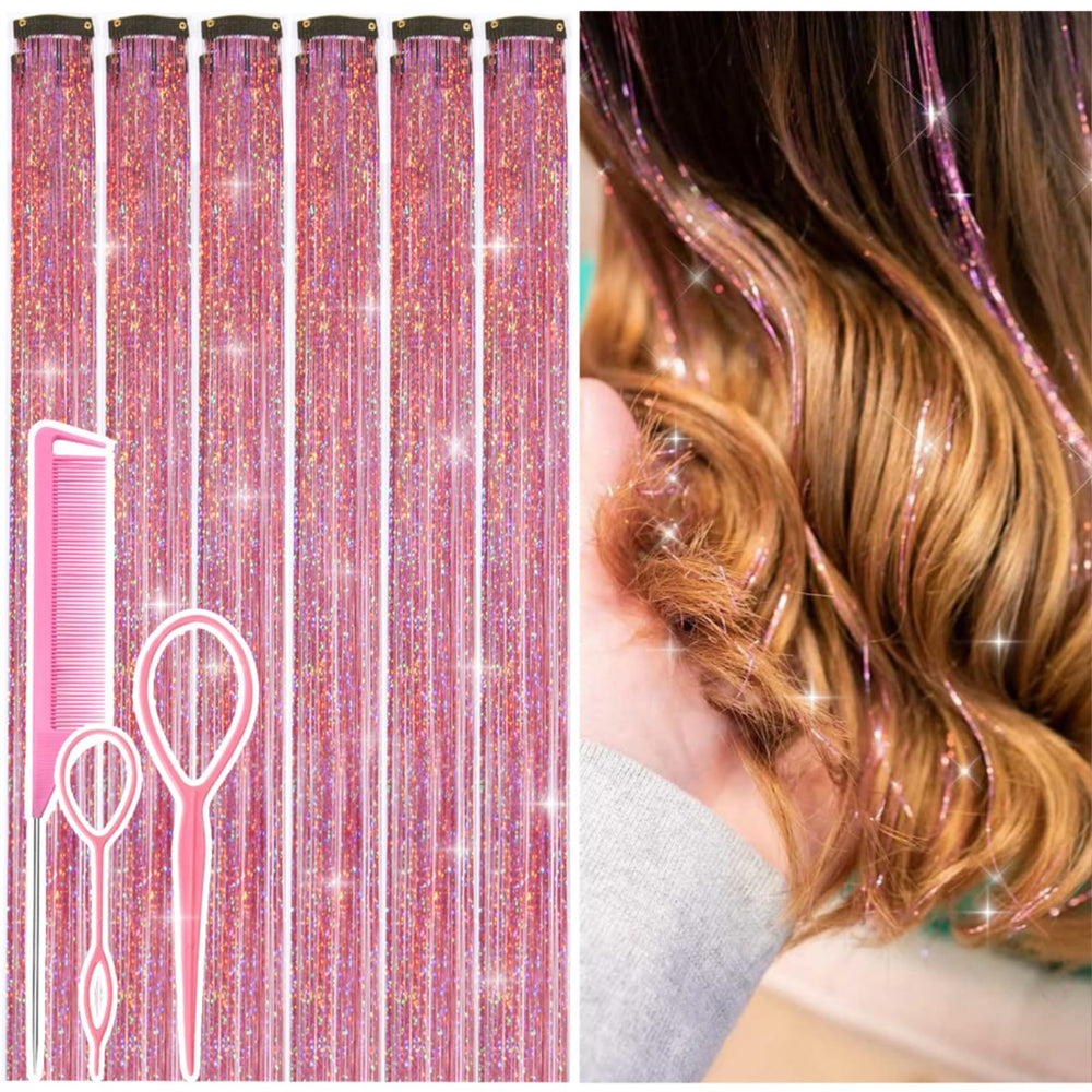 Rootoo Hair Tinsel Pink 24in kit with 12 glitter strands ready for party styling.