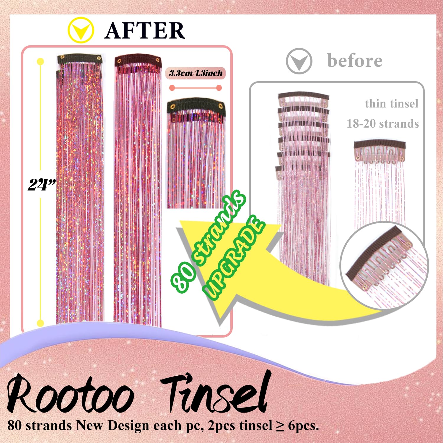 Close-up of Rootoo pink clip-in tinsel showing smooth texture and clip design.