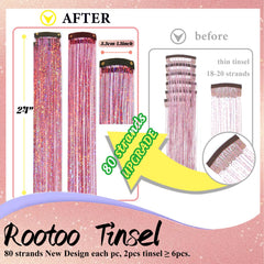 Close-up of Rootoo pink clip-in tinsel showing smooth texture and clip design.