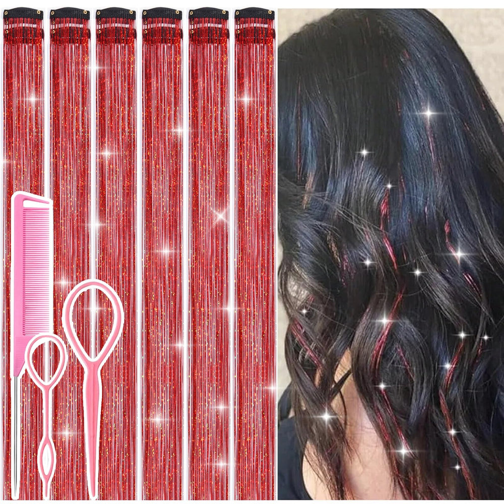 Rootoo hair tinsel clip-in red 24-inch adds party-ready sparkle.