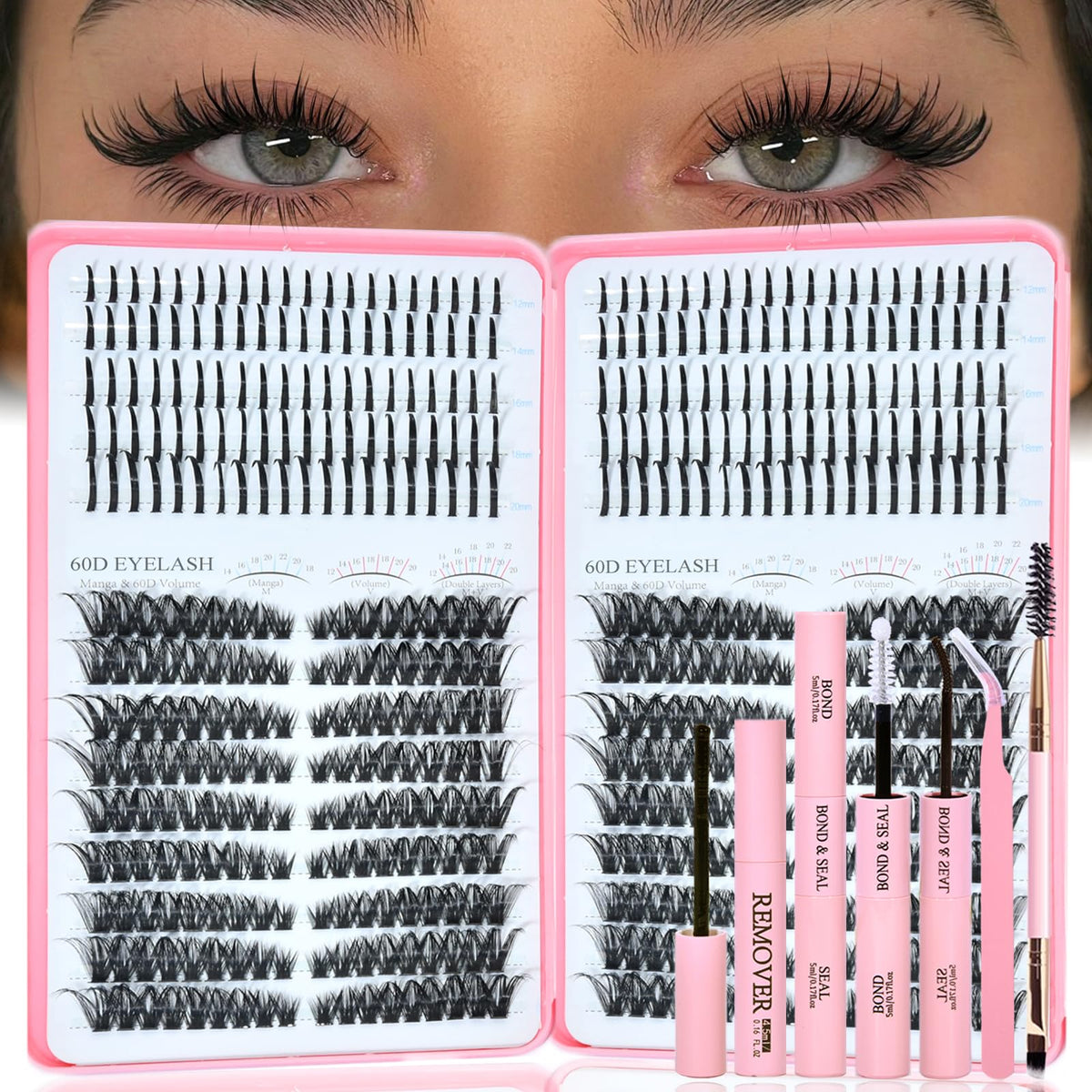 Rootoo Lash Clusters Kit 60D-60D left-right closeup for dramatic fluffy volume