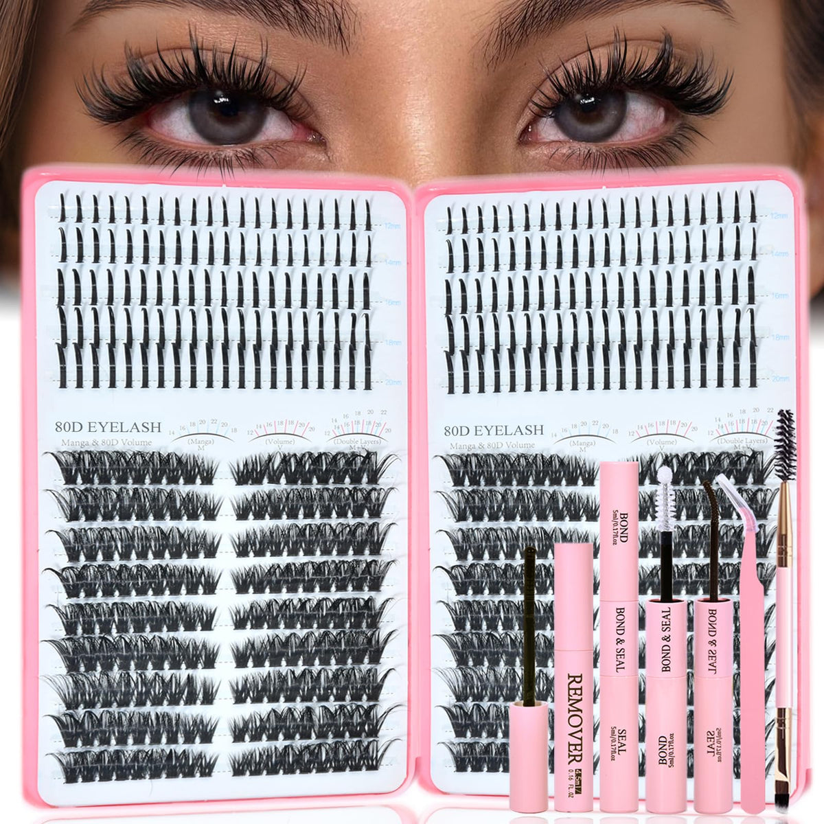 Rootoo Lash Clusters Kit 80D density left and right for dramatic volume.