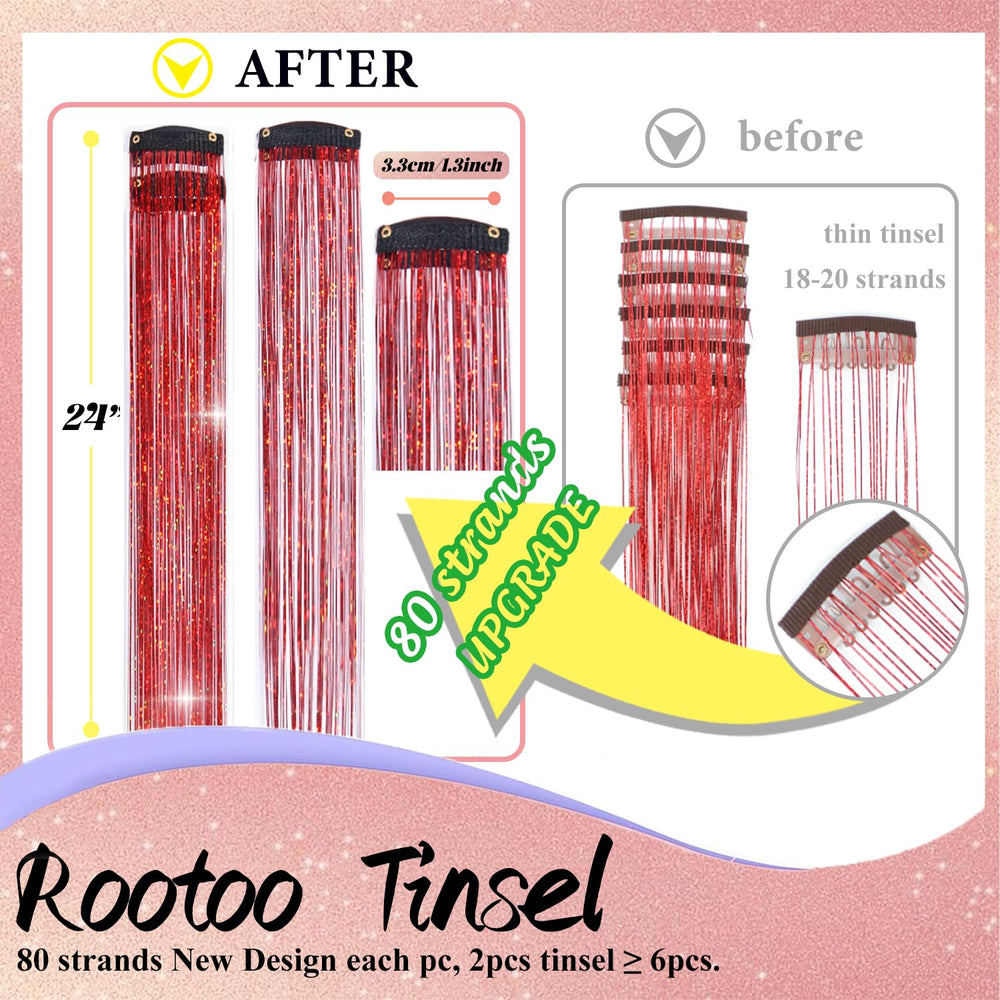 Rootoo red fairy hair tinsel clip-in creates vibrant festival hairstyles.