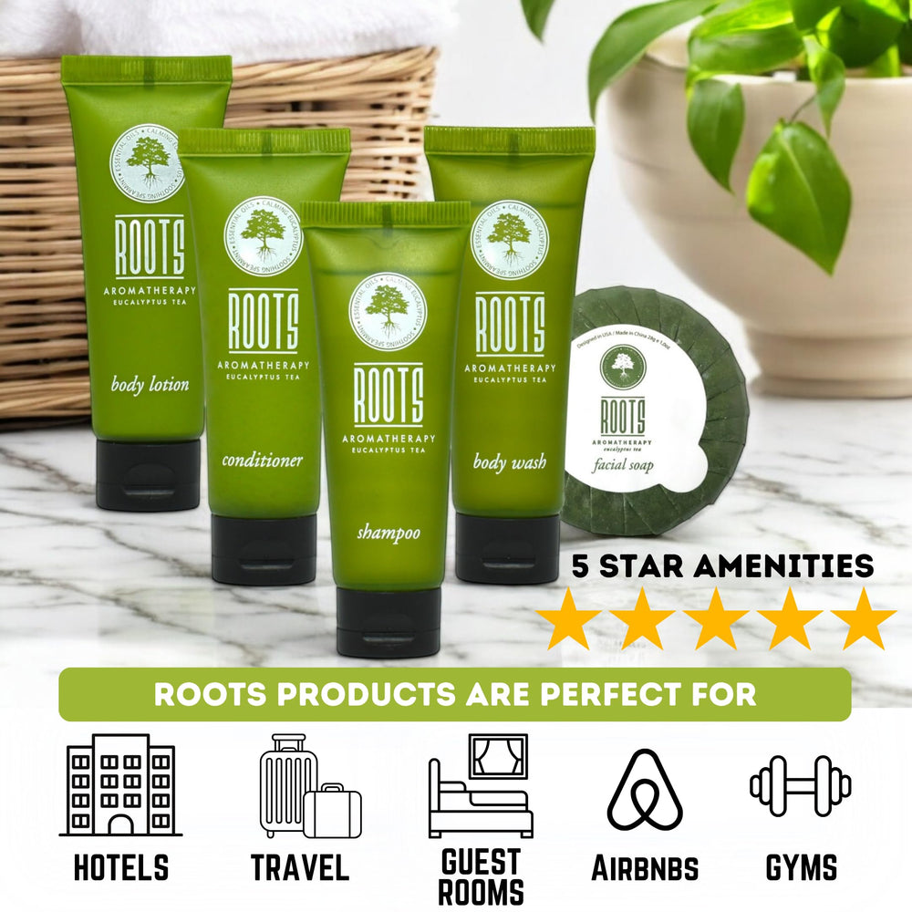 Roots Aromatherapy body wash travel pack convenient for hotels and rentals.