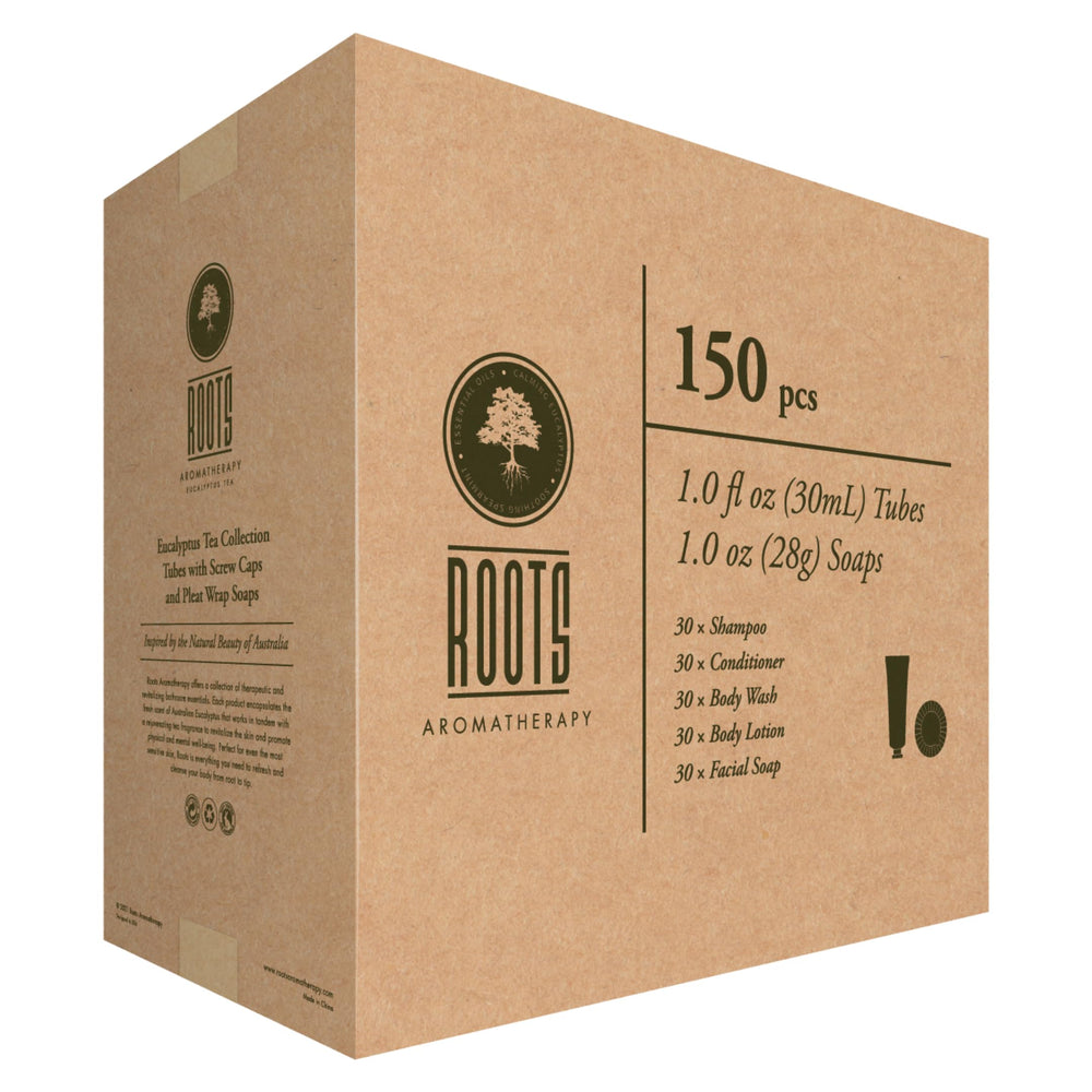 Roots Aromatherapy bulk guest-room toiletries designed for easy replenishment.