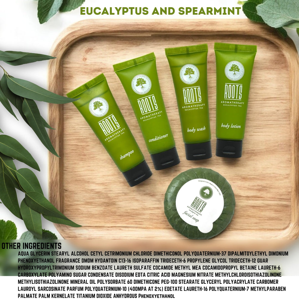 Roots Aromatherapy hotel essentials bulk set for multi-room properties.