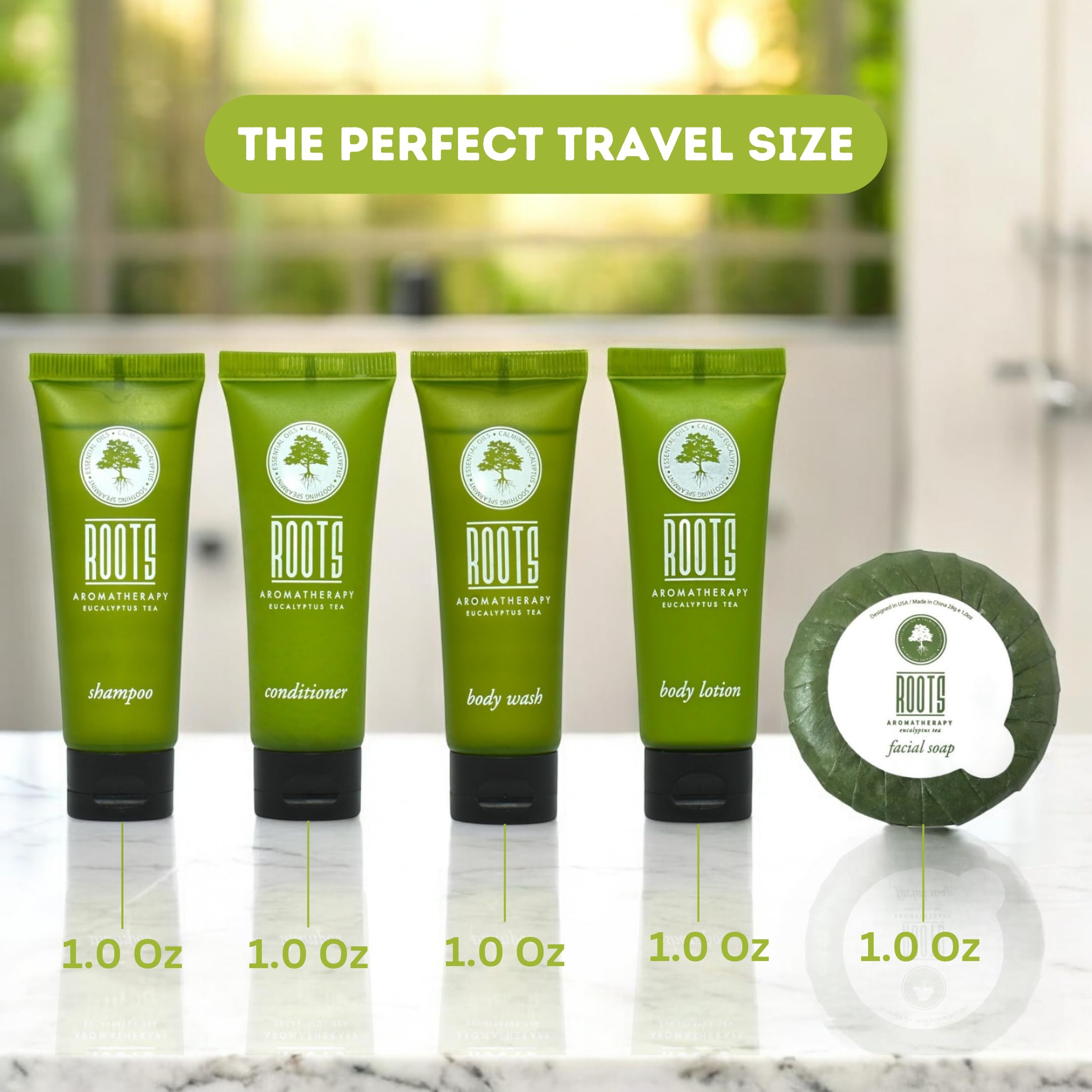 Roots Aromatherapy recyclable packaging supports sustainability for hotel toiletries.
