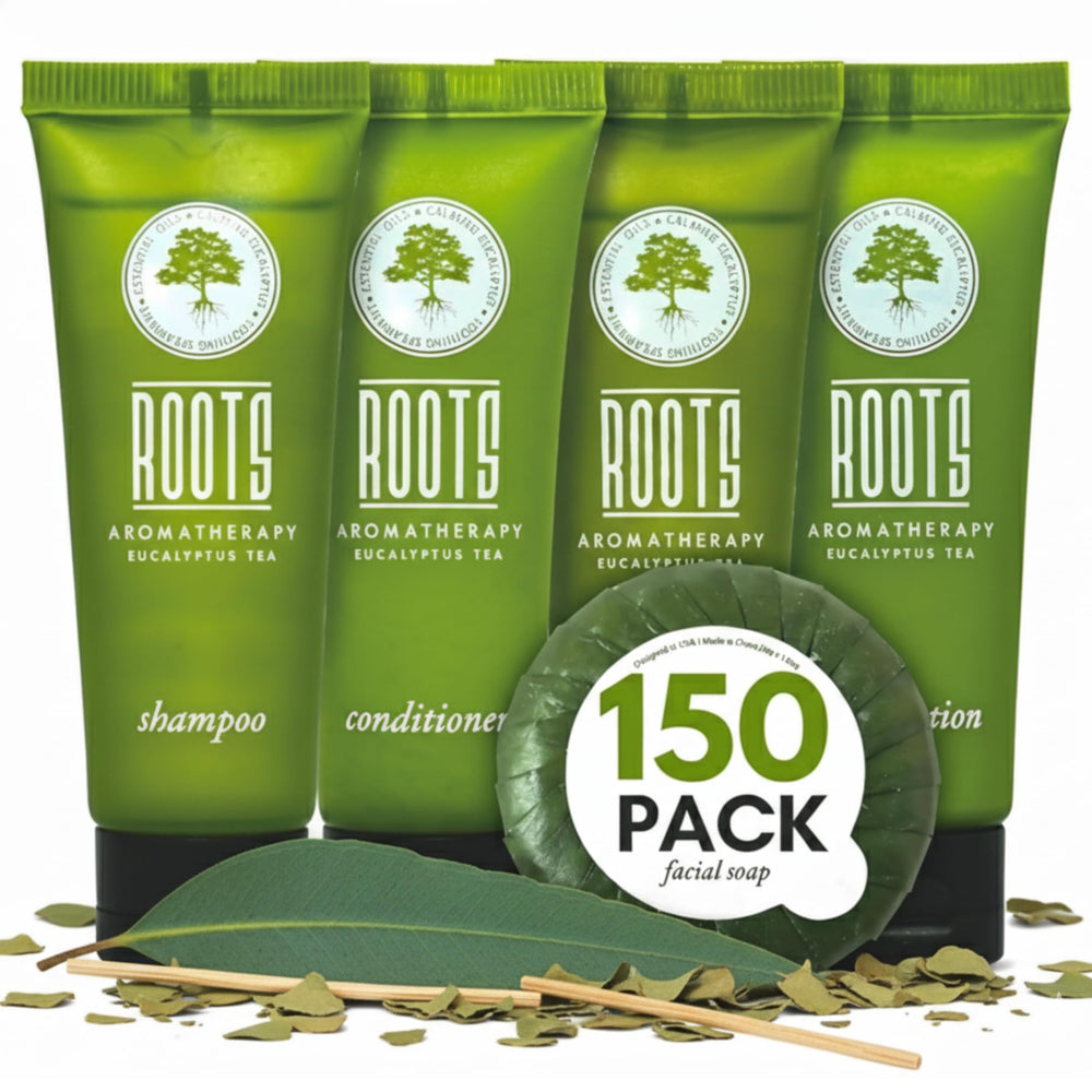 Roots Aromatherapy travel-size shampoo tubes ideal for guest rooms and travel.