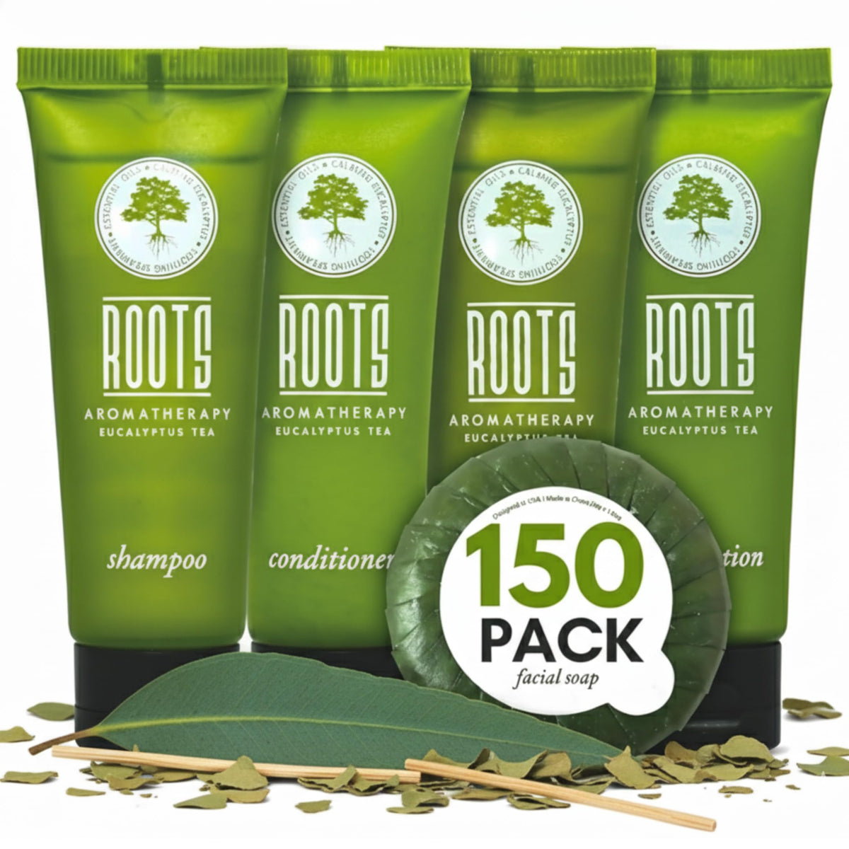 Roots Aromatherapy travel-size shampoo tubes ideal for guest rooms and travel.