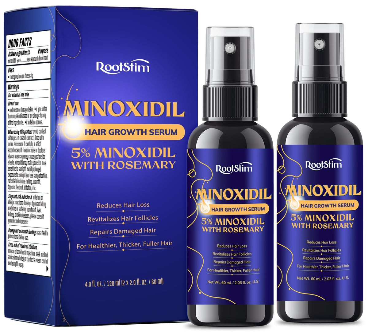 RootStim 5% Minoxidil bottle front view for stronger, fuller hair.