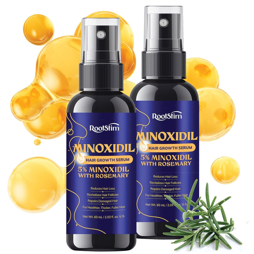RootStim 5% Minoxidil bottle close-up showing precise spray for scalp support