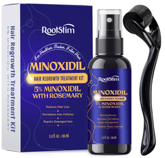 RootStim 5% minoxidil spray bottle shown for scalp coverage and easy application