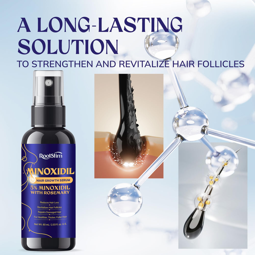 RootStim user applying treatment to thinning area on dry hair.