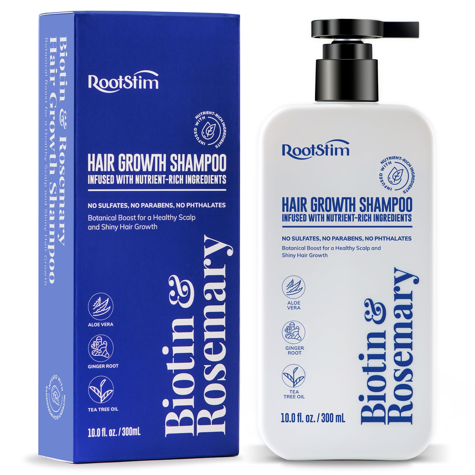 RootStim Biotin & Rosemary Shampoo bottle with sulfate-free formula for gentle cleansing.