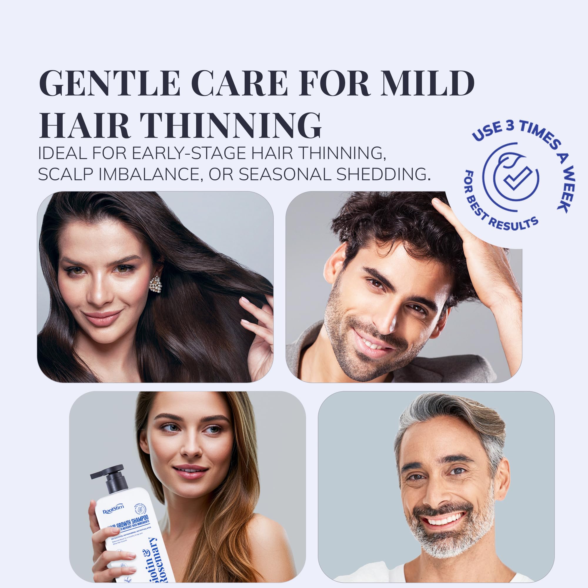 RootStim Biotin & Rosemary Shampoo close-up on label showing natural extracts.