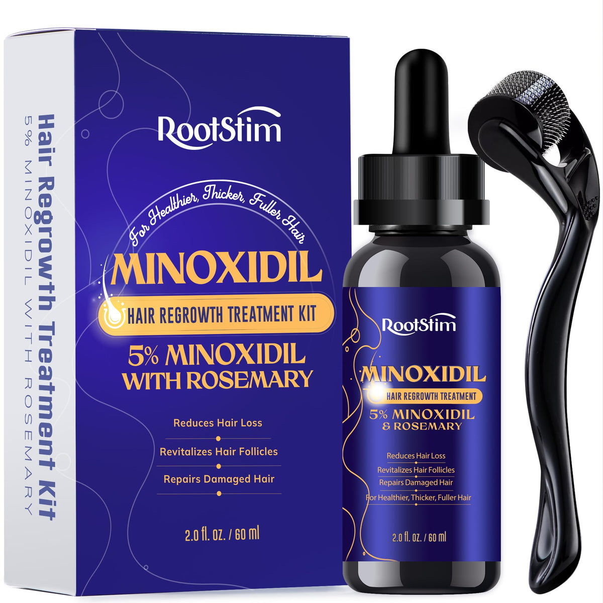 RootStim 5% Minoxidil bottle with rosemary demonstrates targeted growth support for thinning hair.